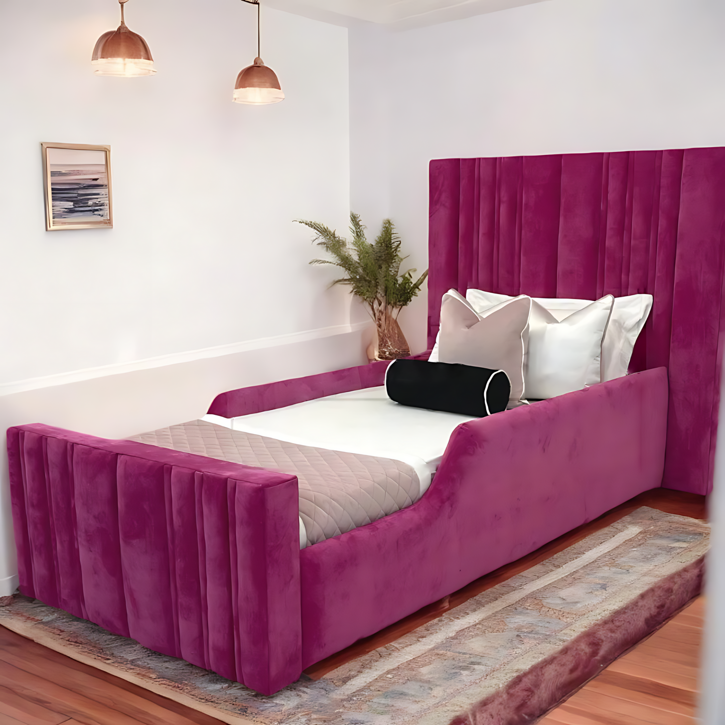 Sensatori Kids Bed by Cosy Furnitures– Plush Soft Velvet Fabric - Elegant panelled headboard, safety or straight rails, complimentary mattress, customizable colors, handmade craftsmanship, with style and comfort!