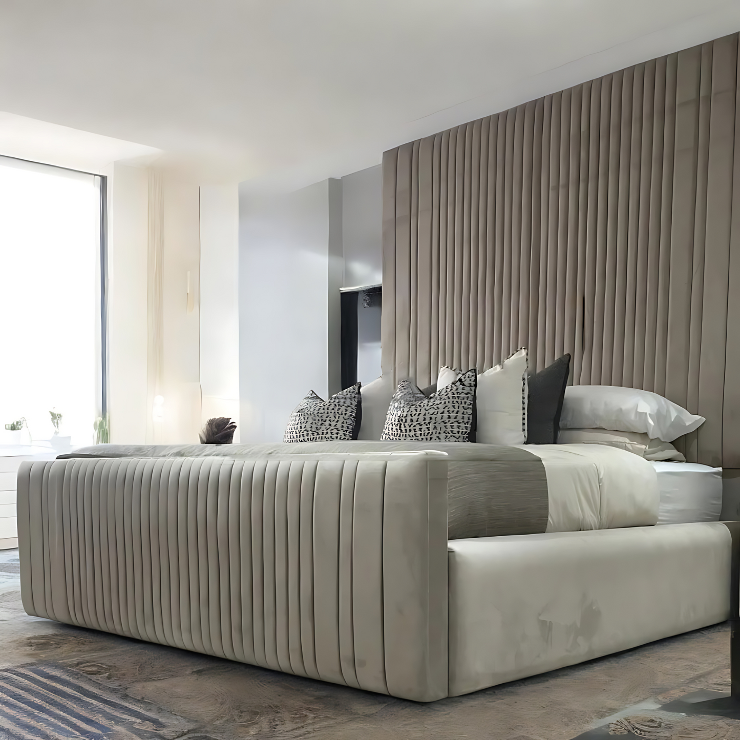 Zen Ottoman Bed - Plush Soft Velvet Fabric | Elegant 6ft Headboard with Handcrafted Pleats | Custom Colors & Fabrics | Smooth Side Rails | Optional Ottoman Storage | Durable Design | Luxury Redefined
